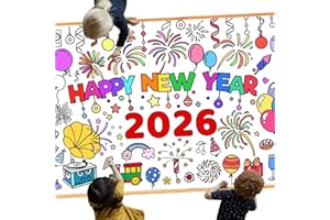 Leezead 2026 Happy New Year Giant Coloring Poster, 72X 30 Inch DIY New Years Eve Coloring Tablecloth for 2026 New Years Eve Party Craft Supplies