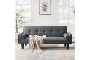 FANYE 71.65" Linen Upholstered Futon Loveseat Convertible Sleeper Couch Bed W/Throw Pillows,Compact Foldable Sleep Sofa,2 Seaters Love Seat with Reclining Backrest to Napping Daybed, Deep Gray