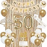 Trgowaul 50th Birthday Decorations for Women, Banner, Sash and Crown, Cake Topper, 50 Number Balloon, Fringe Curtains, Champagne Gold 50th Birthday Party Supplies