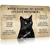 CrazySign Funny Black Cat Vintage Metal Sign When Visiting My House Please Remember Sign for Home Living Room Bedroom Cat House Wall Decor 8 x 12 Inch (3005)