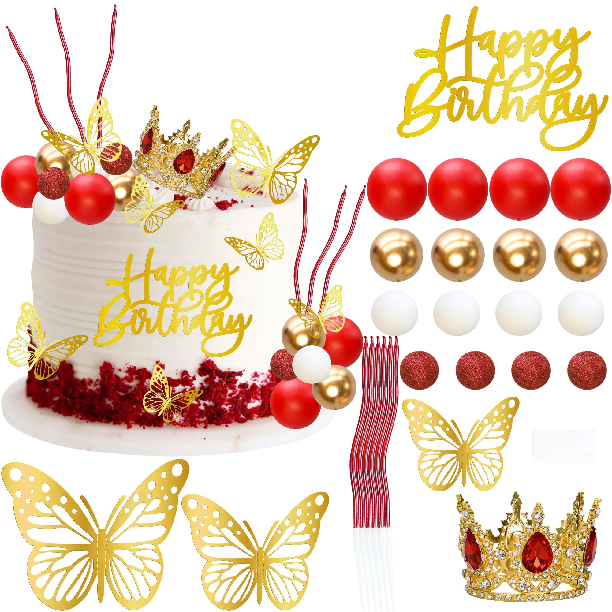 Gyufise 40Pcs Crown Cake Topper Balls Happy Birthday Cake Toppers Crown Birthday Candles Butterflies Corona para Pastel Cake Decorations for Wedding Valentins Day Party Decorations Red Gold