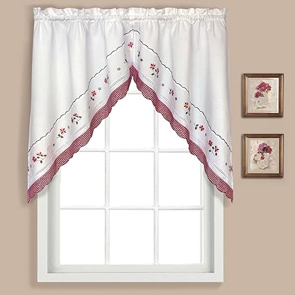 United Curtain Gingham Embroidered Swags, 60 by 38-inch, Red, Set of 2