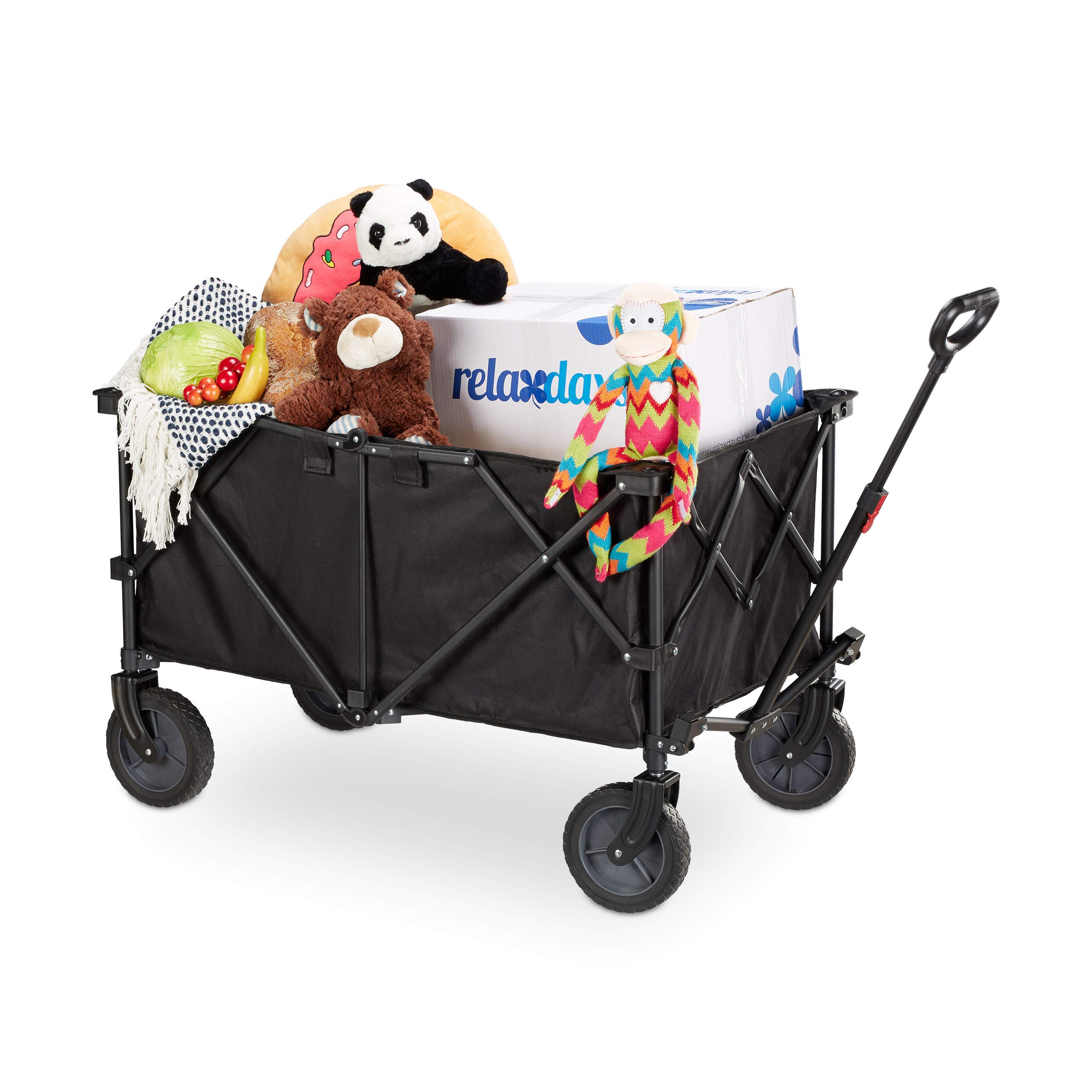 Relaxdays Foldable Handcart, Adjustable Handle, Stretchable PVC, 360ยฐ Rotation, Hand Wagon, Rubber Wheels, Black, Steel