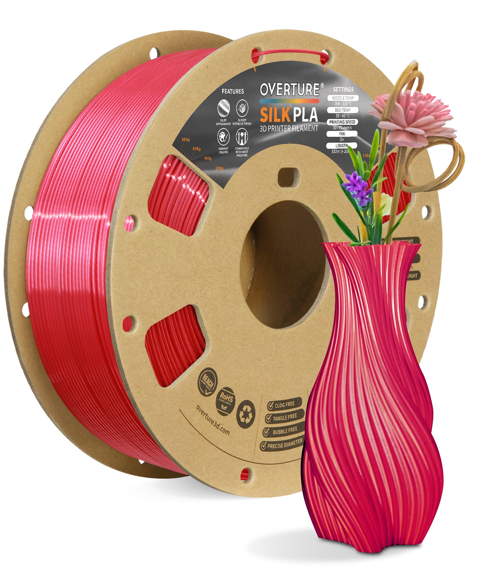 OVERTURE Silk Filament PLA 1.75mm Clog-Free Shiny 3D Printer Consumables, 1kg Spool (2.2lbs), Dimensional Accuracy +/- 0.02 mm, Fit Most FDM Printer (Silk Red)