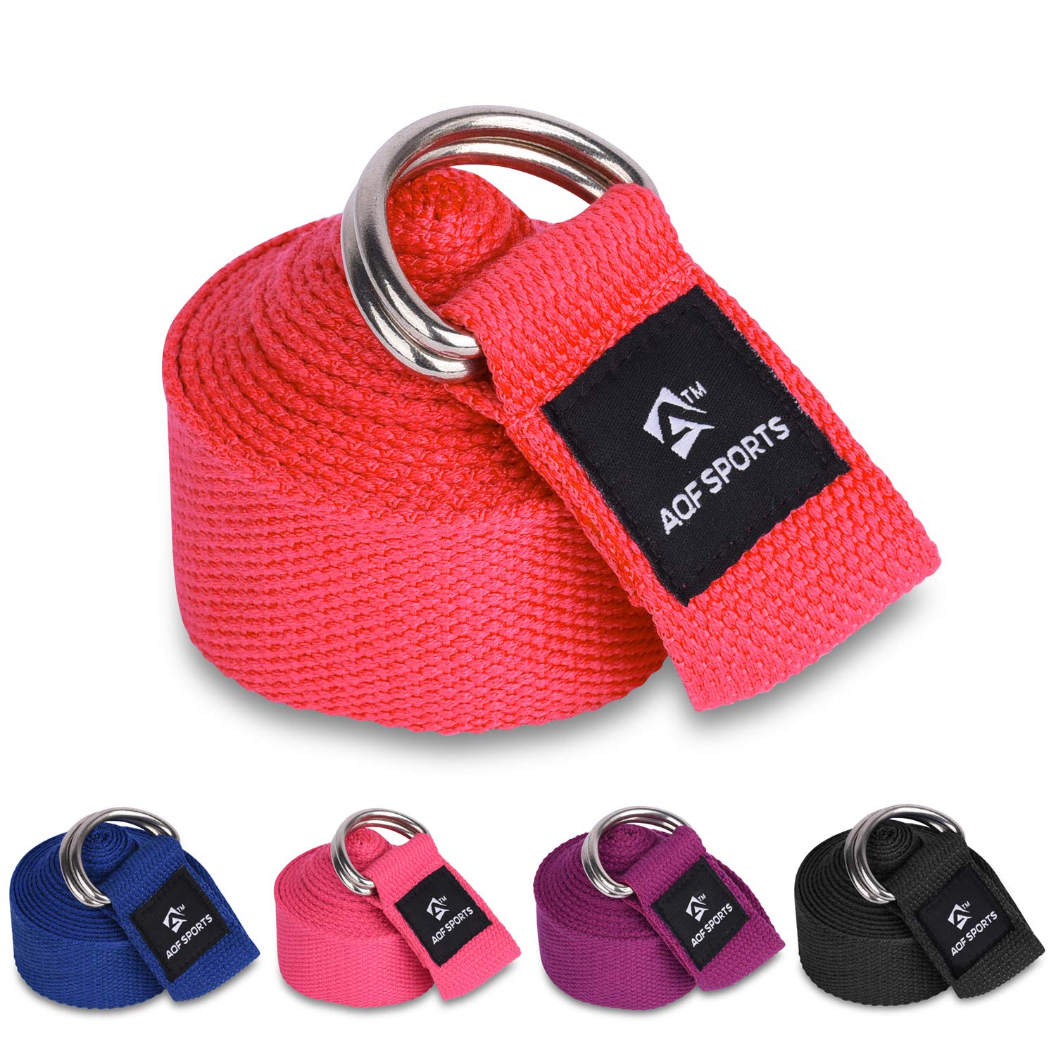 AQF Yoga Strap 1.8M, 2.4M, 3M Soft Cotton Leg Stretcher with D-Ring Buckle Adjustable Fitness Belt for Leg Stretching & Body Stretch Band (Red, 2.4M)