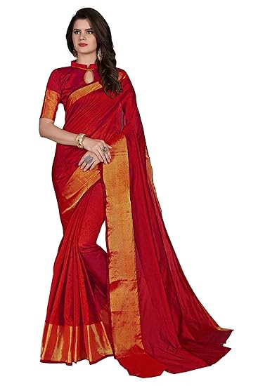 Women's Handloom Cotton Silk Saree With Blouse Piece (N-1108_Red)