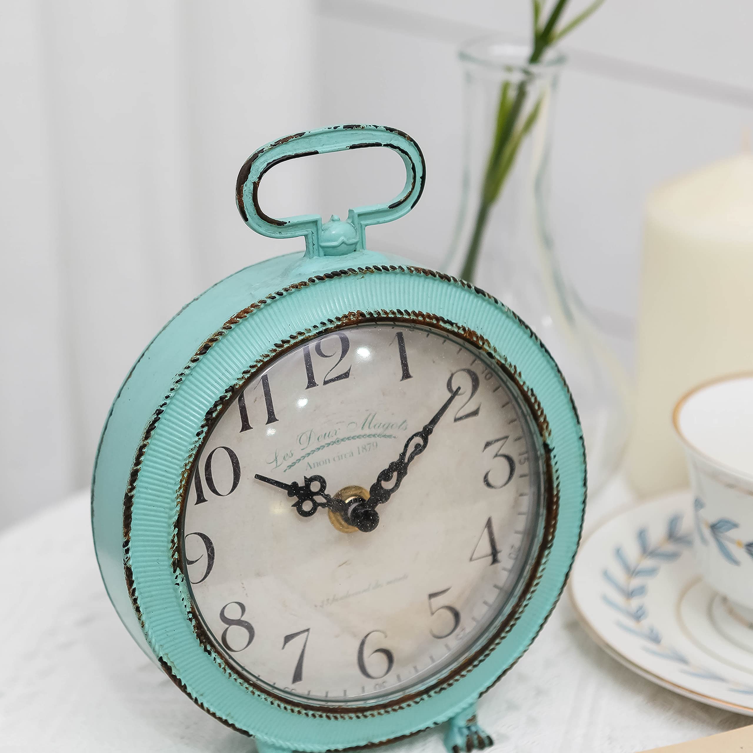NIKKY HOME Table Clock Vintage Metal Round Desk Clock with Handle and Dragon Feet Stand for Home Living Room Bedroom Decor 5.6'' by 2.2'' by 7.5'', Distressed Aqua Blue
