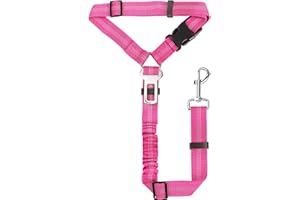 YAODHAOD YAOHDAO Dog Seat Belt Harness for Car, Restraint Adjustable with Elastic Bungee Buffer Headrest for Vehicle, 360° Swivel Carabiner Nylon Pet Safety Seat Belts Heavy Duty Car Harness for Dogs Rosy Red