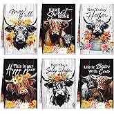 Bencailor 6 Pcs Highland Cow Flowers Kitchen Decor Towels and Dishcloths Sets Farmhouse Kitchen Towels Western Absorbent Fast Drying Dish Cloths Hanging Reusable Dishcloths for Cooking