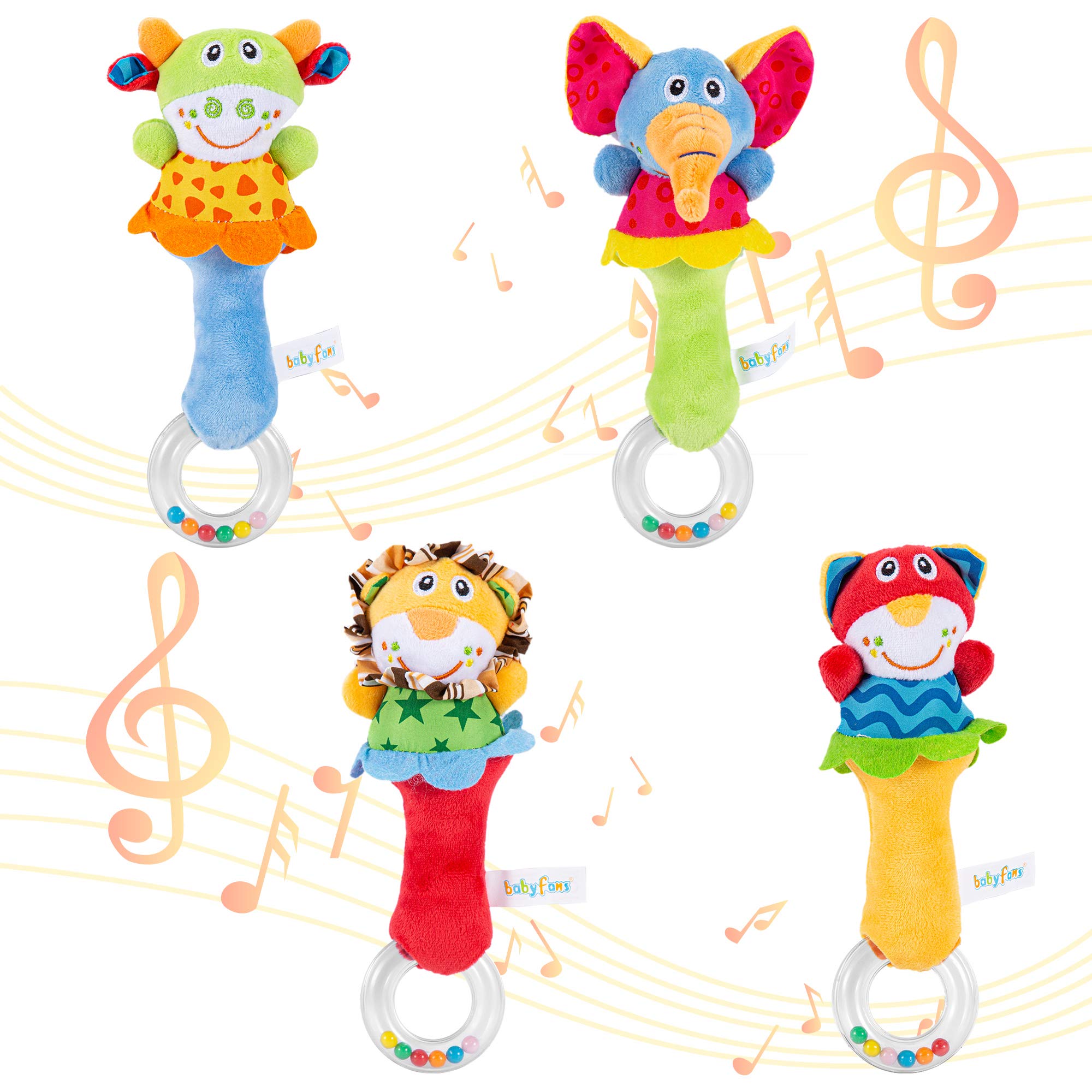 ThinkMax 4pcs Rattles Shaker Soft Baby Stuffed Hand Grip Sticks with Teether Cute d Animal Toy Infant Developmental Hand Grip for 0- 12 Months