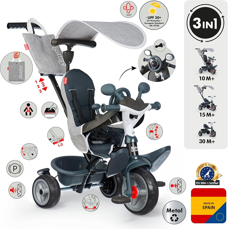 - Baby Driver Grau - 3-in-1 Kinder Dreirad, mitwachsendes Multifunktionsfahrzeug mit Premium Ausstattung, für Kinder ab 10 Monaten