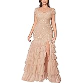 MISSMAY Women's Plus Size Sequin Floral Lace Mesh Tiered Ruffle Slit Mermaid Long Formal Evening Gown Dress