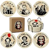 Halloween Horror Coasters for Drinks,6PCS Spooky Coasts Set with Coaste Holder,Stone&Cork Coaster for Coffee Table,Scary Killer for Home Decor,Merchandise Show Gifts