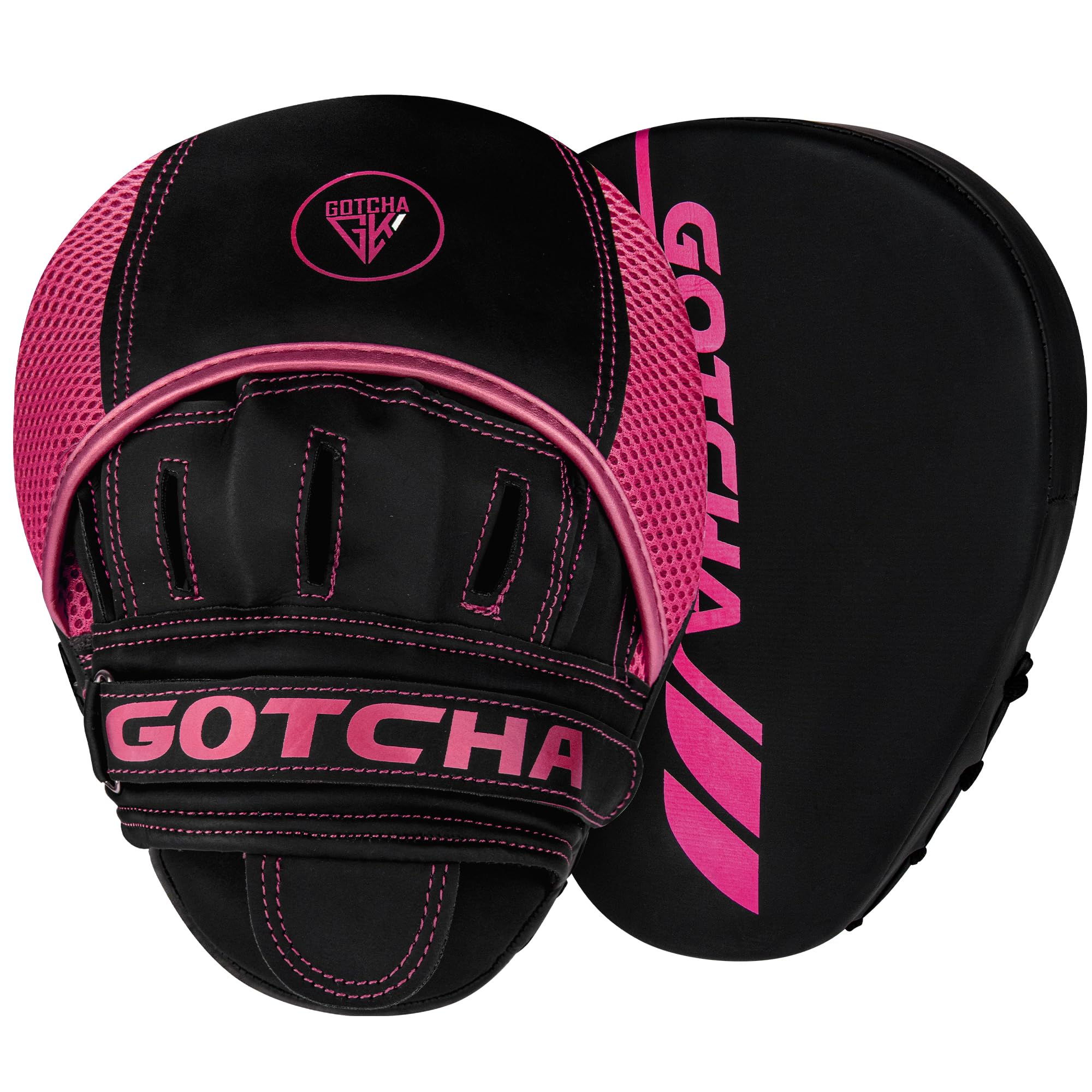 GotchaKart curved boxing Training Pads for men are made from Maya Hide leather. They feature adjustable straps and ventilation, perfect for MMA, Muay Thai, kickboxing, and coaching (Pink)