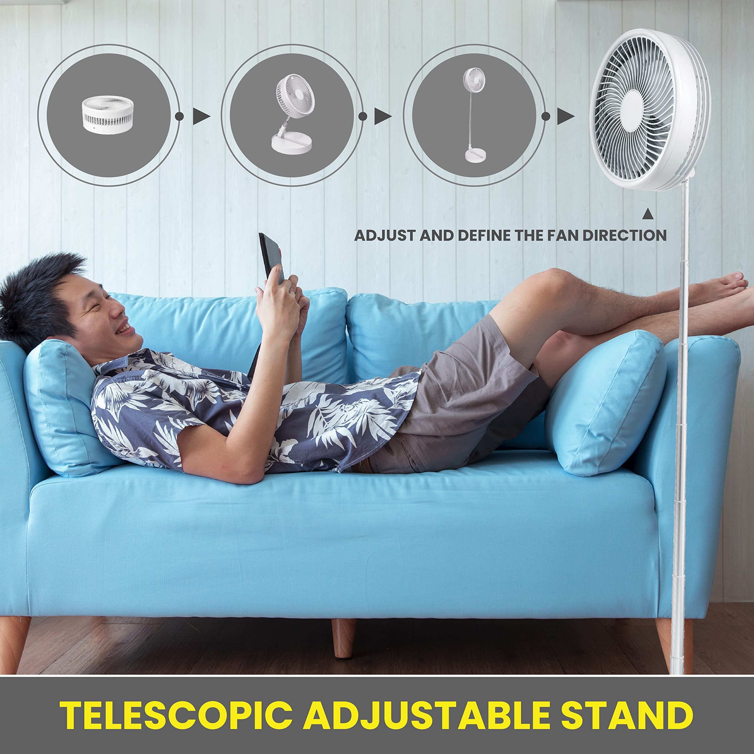 MyFoldaway Portable Fan for Travel, USB Rechargeable Cordless Portable Fans for Desk, Home, Camping, Sleeping, Lightweight Compact & Foldable Travel Fan, Pedestal Extends from 4-40”, Quiet, 3 Speeds