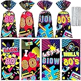 100 Pcs 1980s Gift Treat Goodie Candy Party Cellophane Bag with 150 Ties Back to the 1980s I Love the 80s Retro Themed Bag for Hip Hop Throwback Birthday Party Decorations Supplies