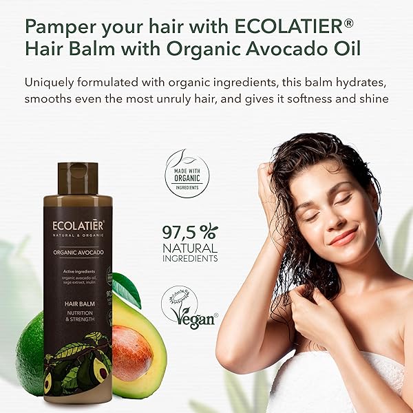 NUTRITION & STRENGTH HAIR BALM WITH ORGANIC AVOCADO – 98.6% NATURAL, VEGAN, HAIR CONDITIONER FOR DRY & DAMAGED HAIR, SULFATE-FREE, GENTLE ON SCALP, 8.5 FL OZ / 250ML