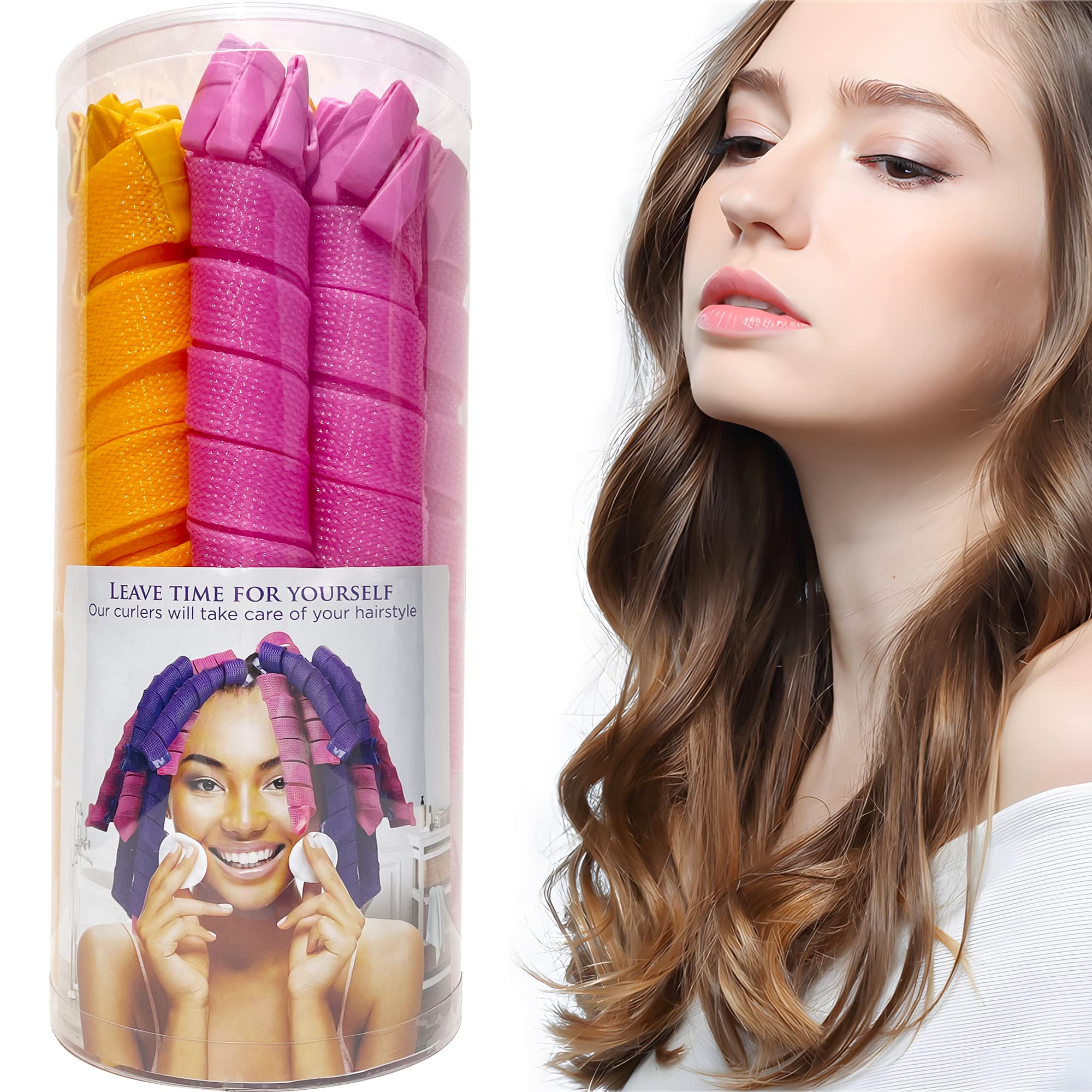 50 Pcs Heatless Spiral Hair Curlers 22inch Magic No Heat Hair Curls For Long Hair 6Pcs Styling Hooks DIY Hair Rollers Set（pink-orange）