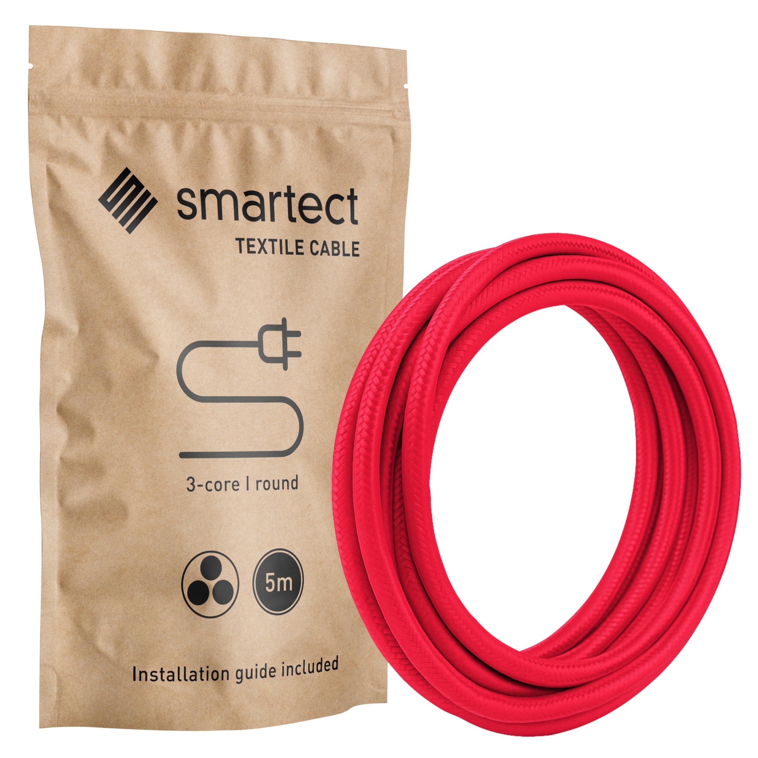 smartect Braided Cable, Red, 5 Metres 3 Core Electrical Cable (3 x 0.75mm²) Vintage Fabric Electrical Wire for your DIY project