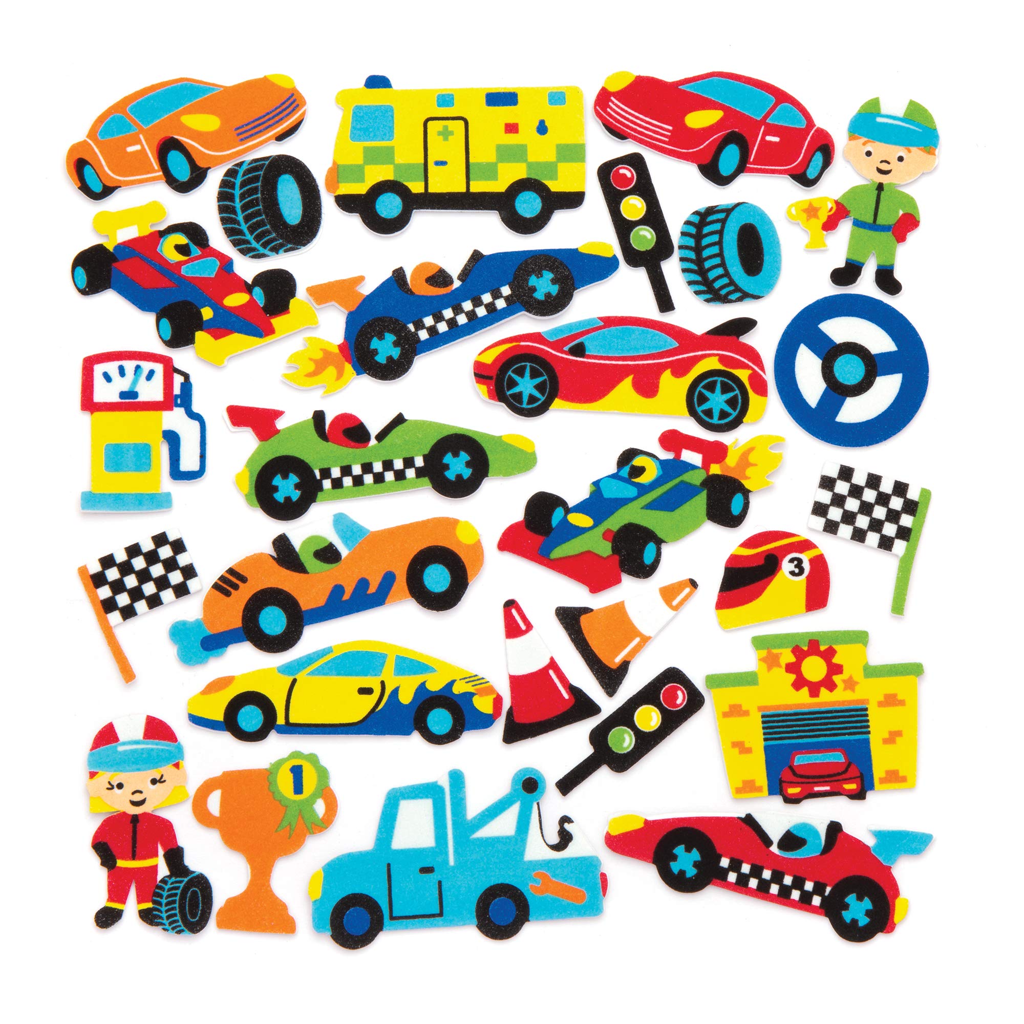 Baker Ross AW571 Racing Cars Foam Stickers (Pack of 120),Assorted, NA