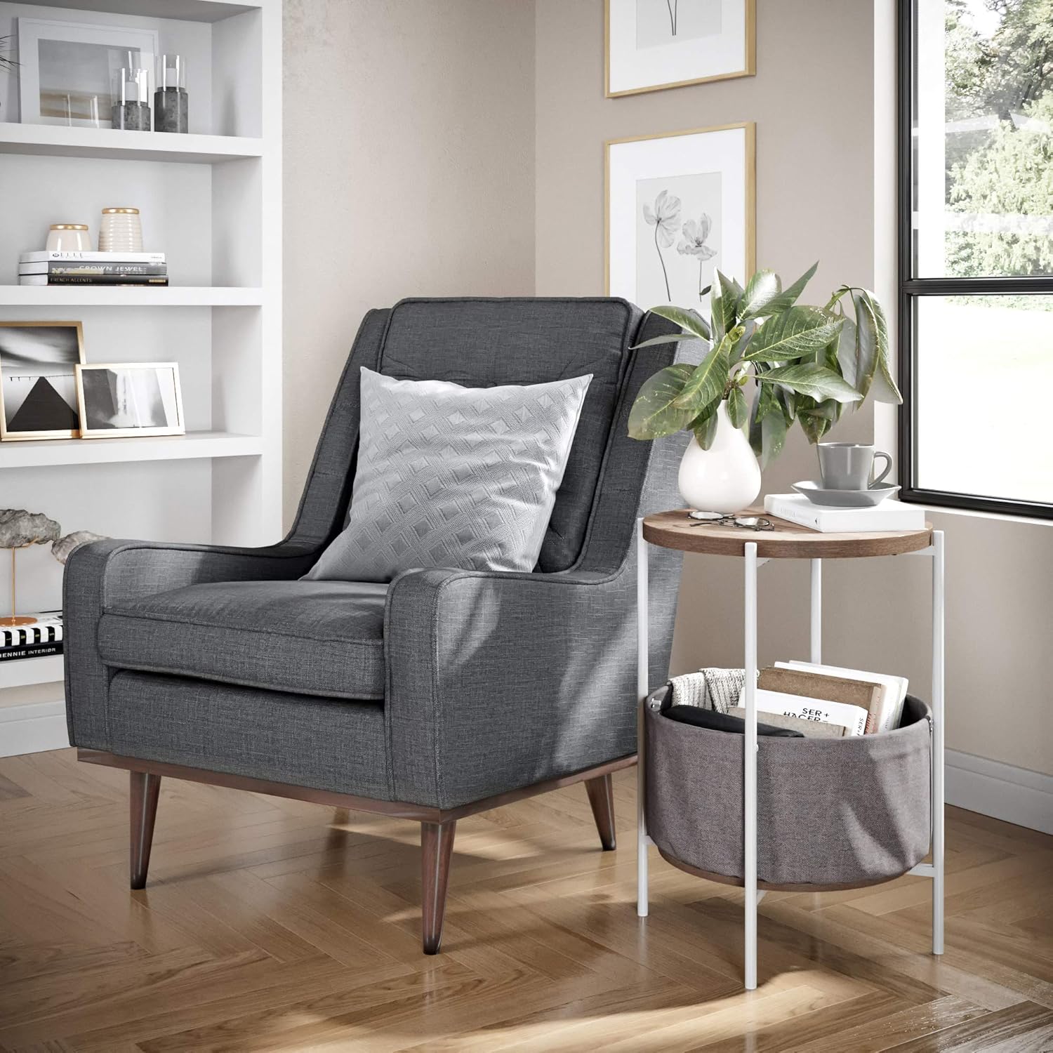 Nathan James Oraa Round Wood Side Table with Fabric Storage, Light Brown/White: Furniture & Decor