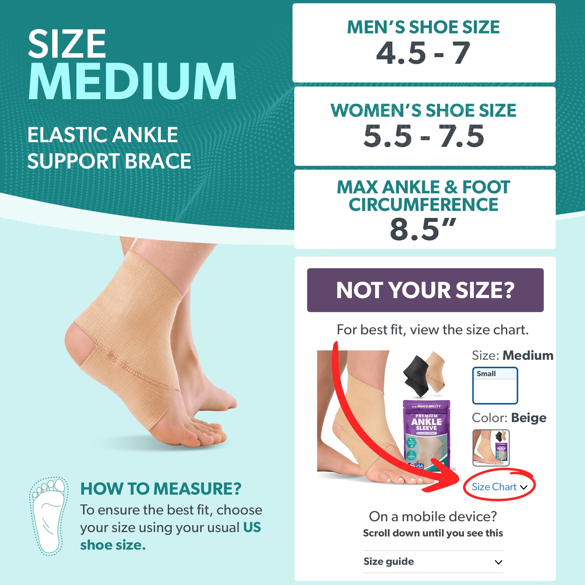 BraceAbility Elastic Ankle Support Brace - Lightweight Slip on Foot and Ankle Compression Sleeve for Gymnastics, Dance, Sports, Running, Exercise, and Sprained Ankle Swelling for Women and Men (Beige, Medium)