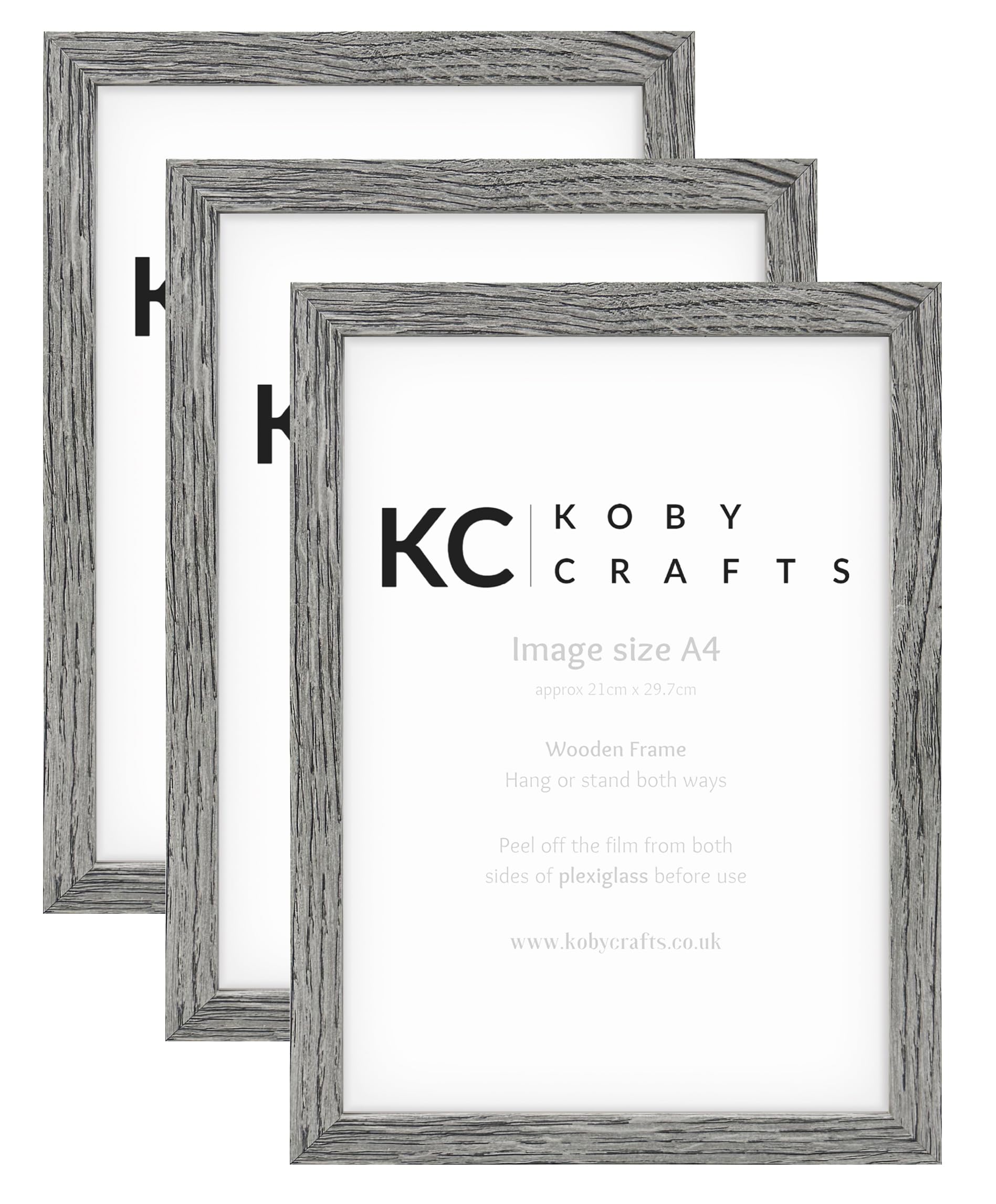 Koby Crafts Pack of 3 Grey Wood Effect Picture Frames for A4 Images 21x29.7cm | Wooden Photo Frames | Tabletop or Wall Mount, Free Stand or Hang Portrait/Landscape | Posters Certificates — image 1