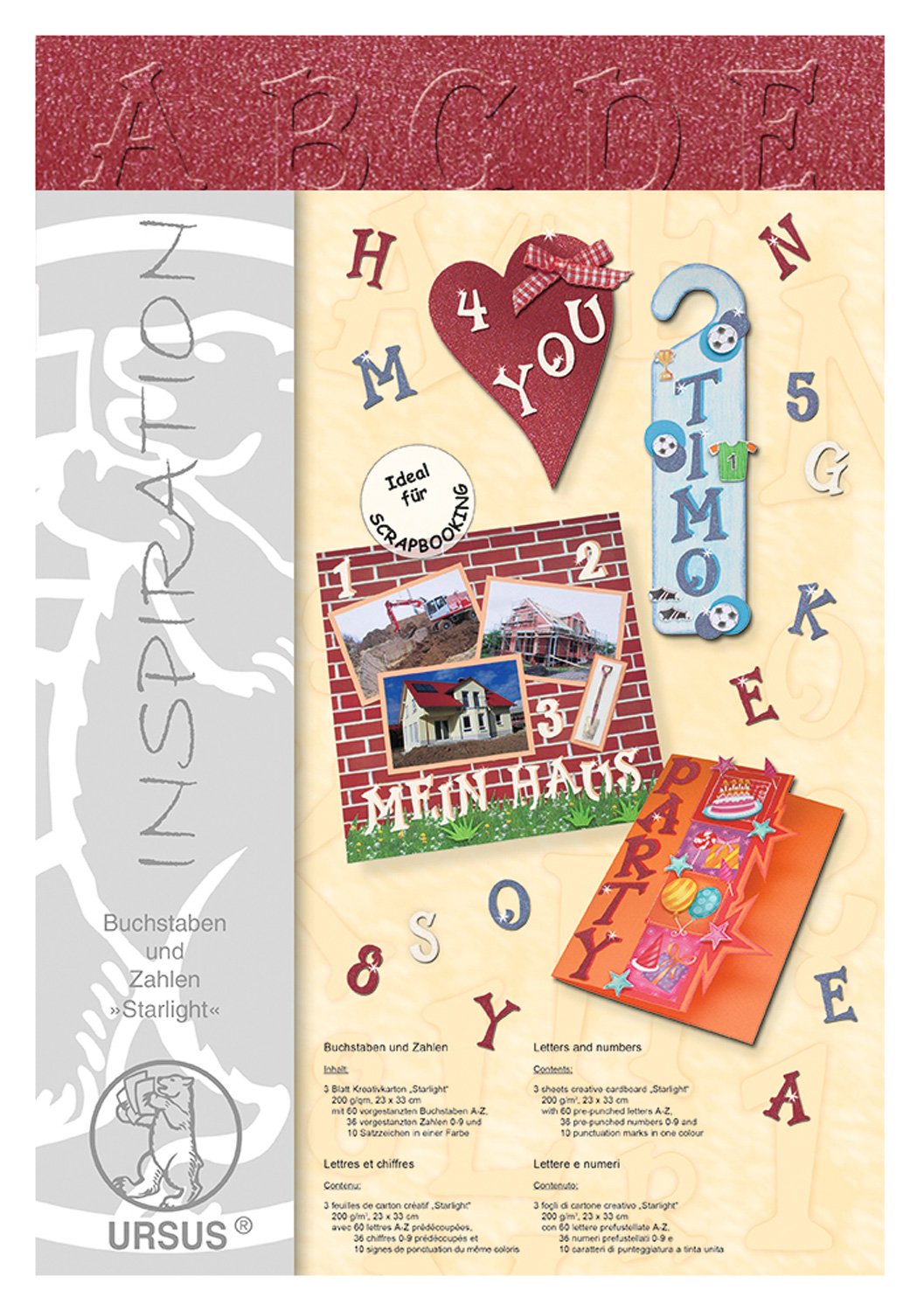 Ursus 62500025 - Letters and Numbers Starlight 3 Sheets Approx. 23 x 33 cm Dark Red