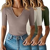 Riyiper 3 Pack Women's Half Sleeve Top Elbow Length Ribbed Cotton T Shirt Women V Neck Summer Tee Slim Fit Casual Blouses