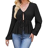 ZAFUL Women's V Neck Knit Top 2025 Long Sleeve Tie Front Shirts Tunics Flowy Rib Blouse Y2k Fall Outfit