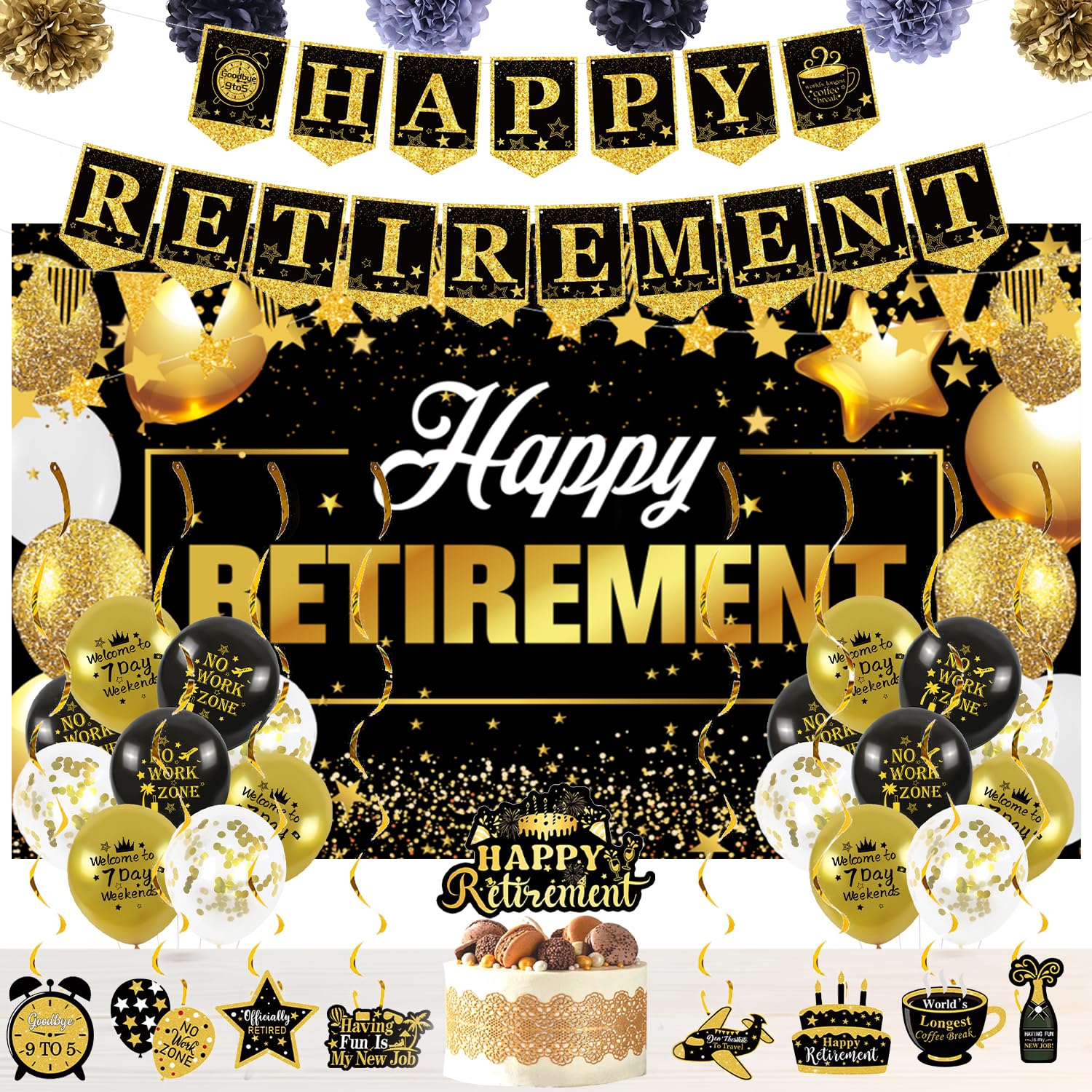 Happy Retirement Party Decorations - Includes Happy Retirement Banner Backdrop, Banner, Retire Poster, 8 Hanging Swirls, 6 Paper Poms, 18 Balloons, and a Big Cake Topper (Gold)