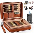 Flauno Cigar Humidor, Spanish Cedar Wood Cigar Case with 2-Way Humidity Control Pack, Portable Leather Travel Cigar Humidor, 5 in1 Cigar Lighter, Holds 8 Cigars, Ideal Gift for Cigar Lovers