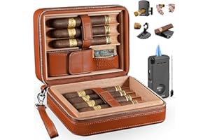 Flauno Cigar Humidor, Spanish Cedar Wood Cigar Case with 2-Way Humidity Control Pack, Portable Leather Travel Cigar Humidor, 5 in1 Cigar Lighter, Holds 8 Cigars, Ideal Gift for Cigar Lovers