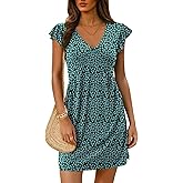 Dokotoo Women's Summer Dresses Beach 2026 Casual Deep V Neck Loose Sundress Ruffle Sleeve Mini Dress