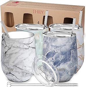 Stainless Steel Stemless Wine Tumbler - THILY 4 Pack Vacuum Insulated Travel Wine Glasses with Sliding Lids and Straws, 12 oz, Keep Cold for Juice, Coffee, Beer, 4 Different Marbles Set