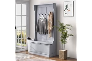 HOMCOM Hall Tree with Bench and Shoe Storage, 3-In-1 Entryway Bench with Coat Rack, 5 Hooks and Flip Top Storage Compartment, Gray