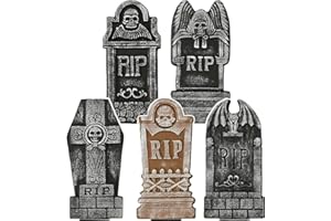 PETPAWJOY Halloween Foam Graveyard Tombstones, 5 Piece Realistic Scary Headstone Decorations and 10 Bonus Metal Stakes for Halloween Yard Decorations