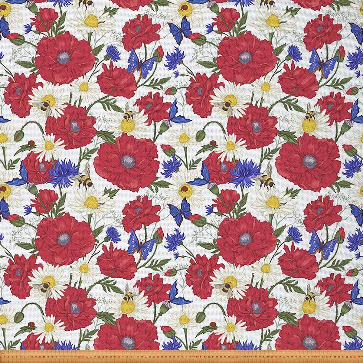 Daisy Fabric by The Yard,Wild Floral Bees Upholstery Fabric for Chairs,Chic Garden Botanical Fabric for Upholstery and DIY Projects,3 Yards,(L276*W150cm) Red White