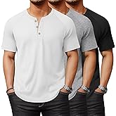 Evervibe 3 Pack Men's Big and Tall Ribbed Henley Shirts Short Sleeve Raglan Casual T-Shirts Classic Summer Button Placket Tee