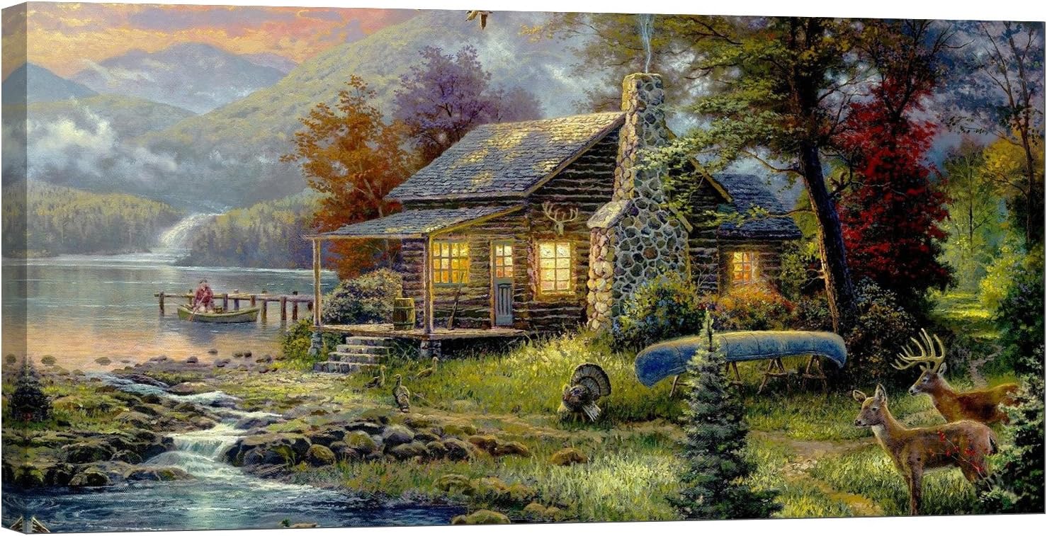 LightFairy Glow in The Dark Canvas Painting - Stretched and Framed Giclee Wall Art Print - Like Oil Painting Cabin by The Lake - Master Bedroom Living Room Decor - 6 Hours Glow - 46 x 24 inch