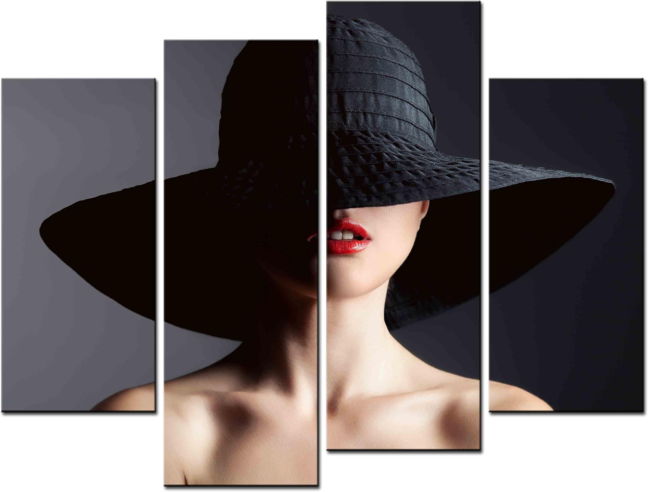 SmartWallArt - Figure Paintings Wall Art Retro Fashion Sexy Woman in Black Hat 4 Panel Picture Print on Canvas for Modern Home Decoration