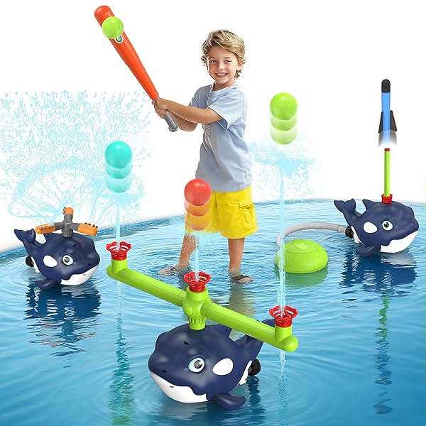 4-IN-1 WHALE WATER SPRINKLER BASEBALL SET FOR KID,SUMMER WATER TOY WITH 3 JETS, 4 BALLS AND ROCKET LAUNCH GAME, KIDS SPRINKLERS WITH 360° ROTATING SPRINKLER,OUTDOOR WATER TOYS FOR KIDS AGE 3+ YEARS