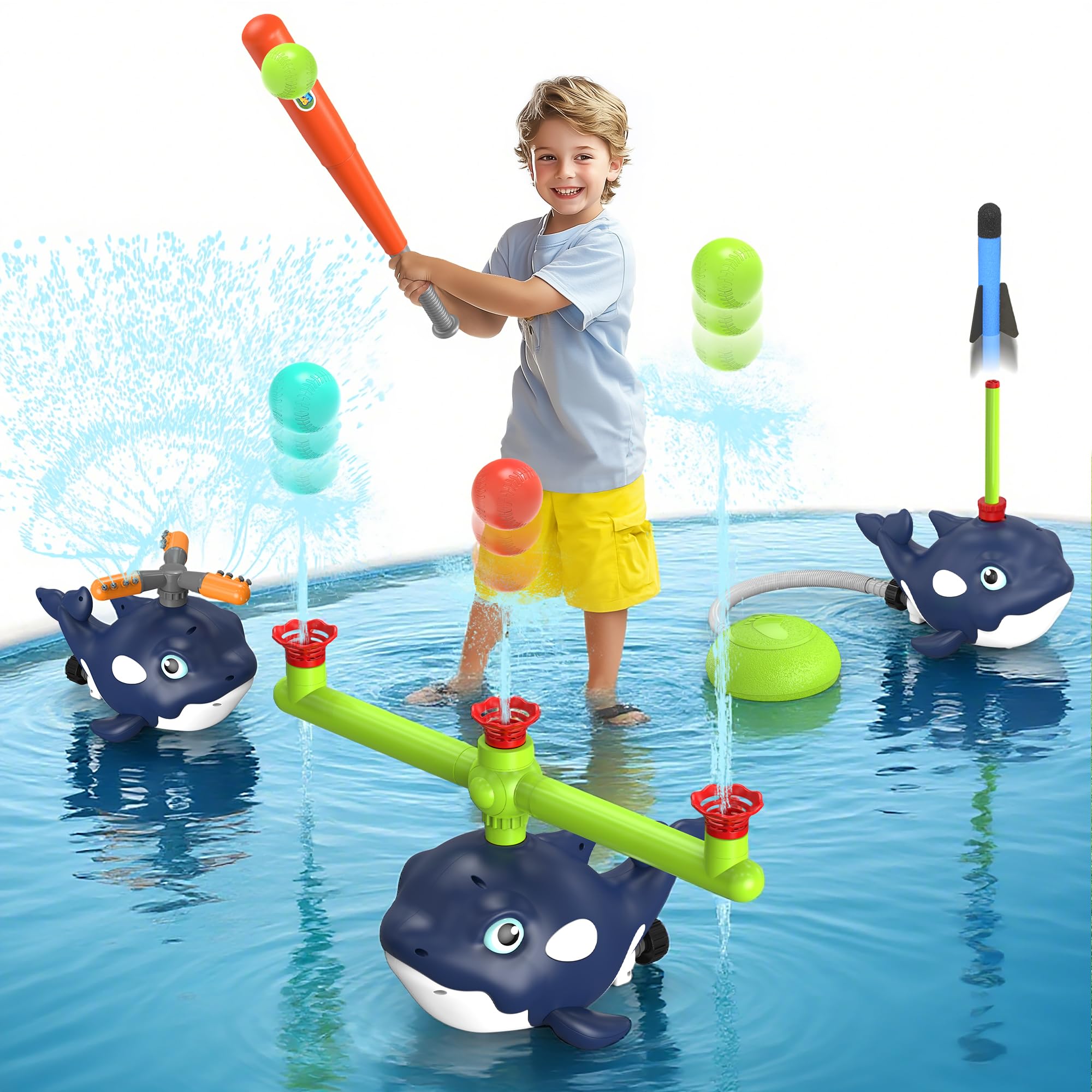 Photo 1 of 4-in-1 Whale Water Sprinkler Baseball Set for Kids,Summer Water Toy with 3 Jets, 4 Balls and Rocket Launch Game, Kids Sprinklers with 360° Rotating Sprinkler,Outdoor Water Toys for Age 3+ Years