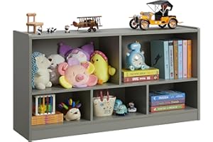 ONIRW Kids Toy Storage Organizer, 5-Section Storage Cabinet for Organizing Books Toys, Wooden Bookshelf Daycare Furniture for School, Classroom Playroom, Nursery, Kindergarten (Gray)