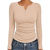 Ekouaer Women's Long Sleeve Henley Shirts Button Ribbed Knit Tops Basic Layering Slim Fit Soft Thermal Underwear Tops