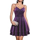 Timormode Women's Glittery Prom Dresses Spaghetti Straps Short 2025 Cocktail Dresses Backless Sparkly A-line Ruched Waist Party Dress Grape XL