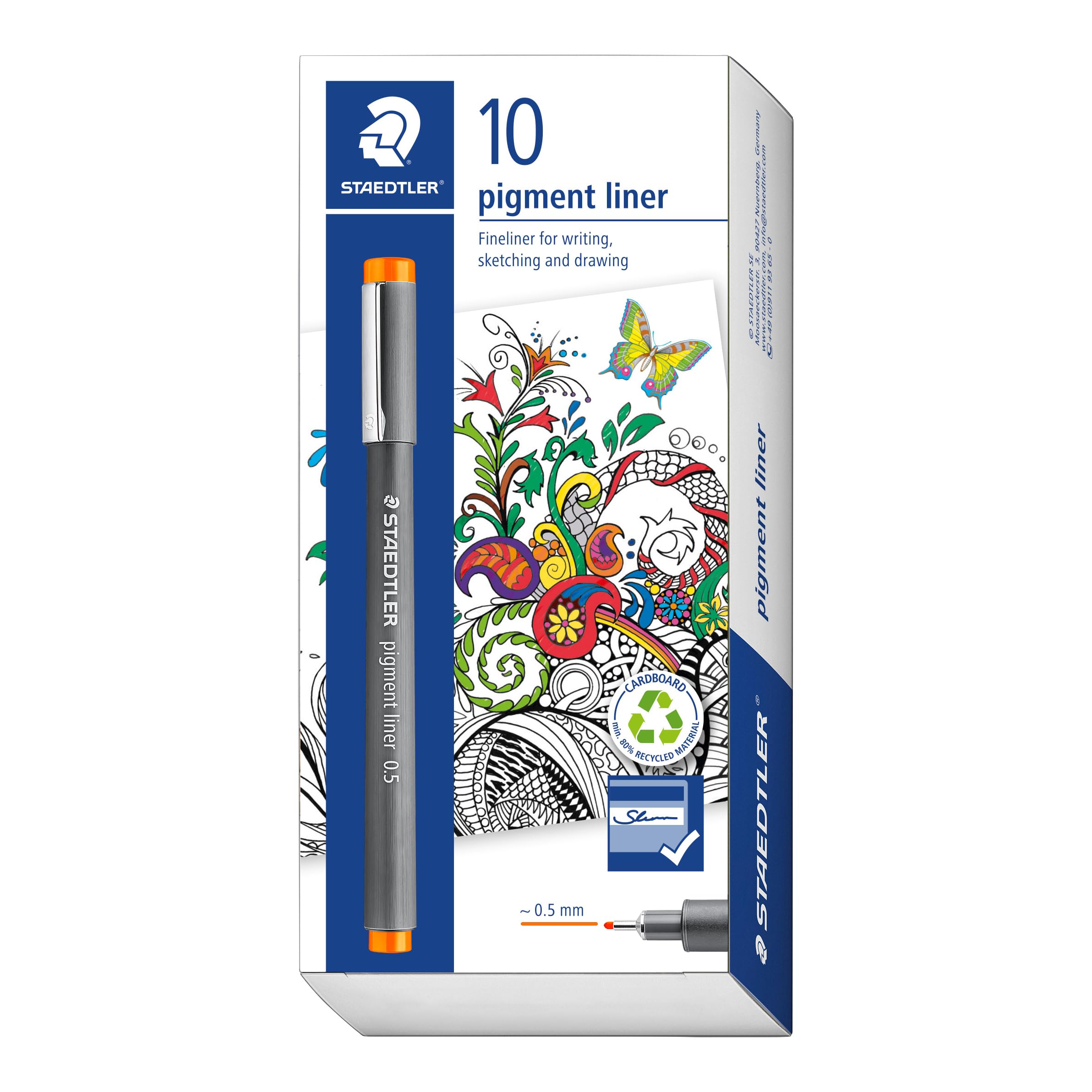 STAEDTLER 308 05-4 Pigment Liner Fineliner Pen for Writing & Technical Drawing - Orange, 0.5mm (Box of 10)
