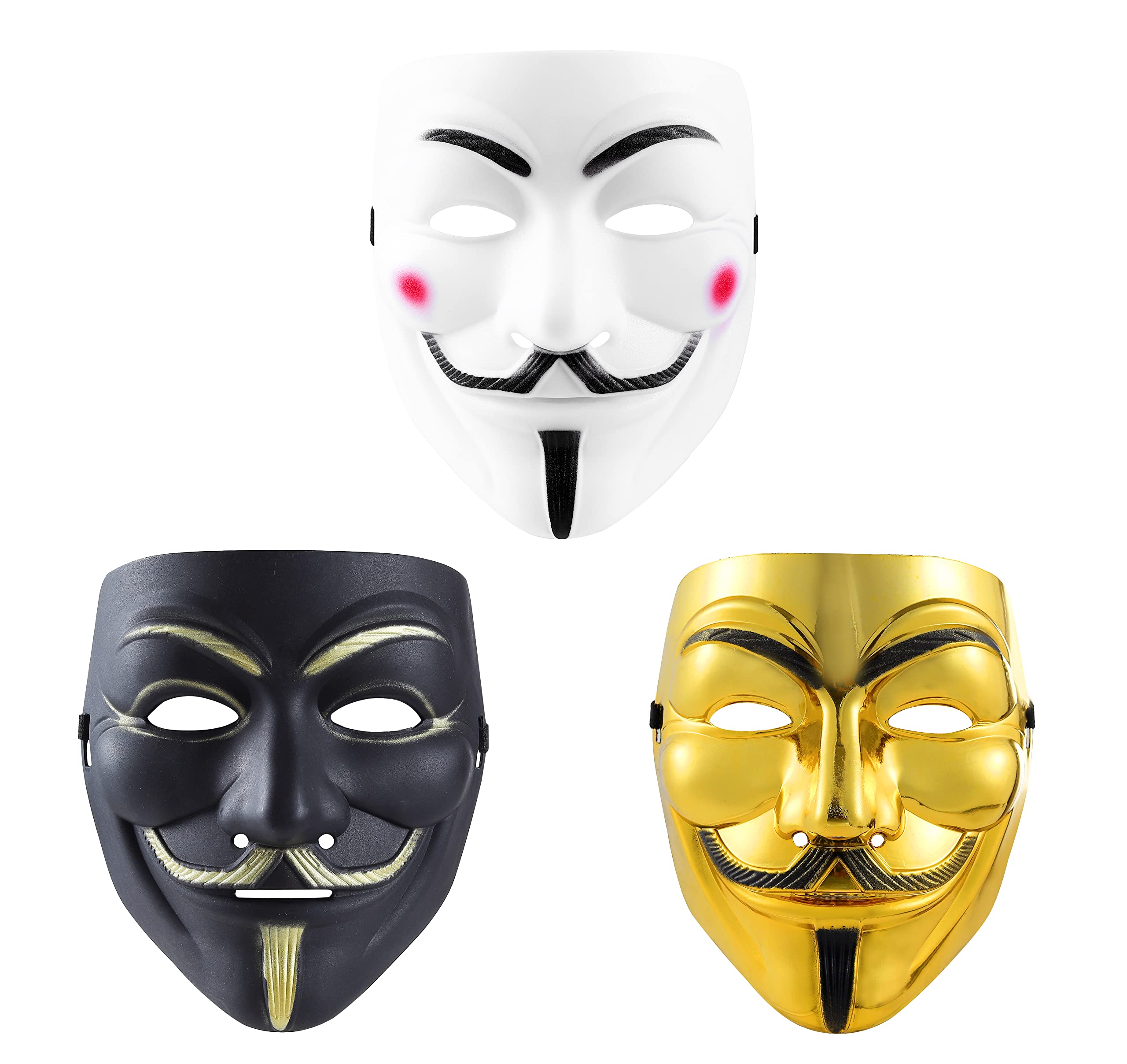Komonee 3 x V For Vendetta White Black Gold Halloween Mask Party Adult Costume Guy Fawkes Anon Fancy Dress Outfit