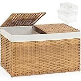 SETVSON Storage Basket with Lid Rattan Storage Basket with 2 Separate Lid, 27.8 Gallon (105 L) 25.2 * 15.4 * 16.1 Inches Woven Wicker Baskets with 2 Liners and Handles for Bedroom Laundry-Natural