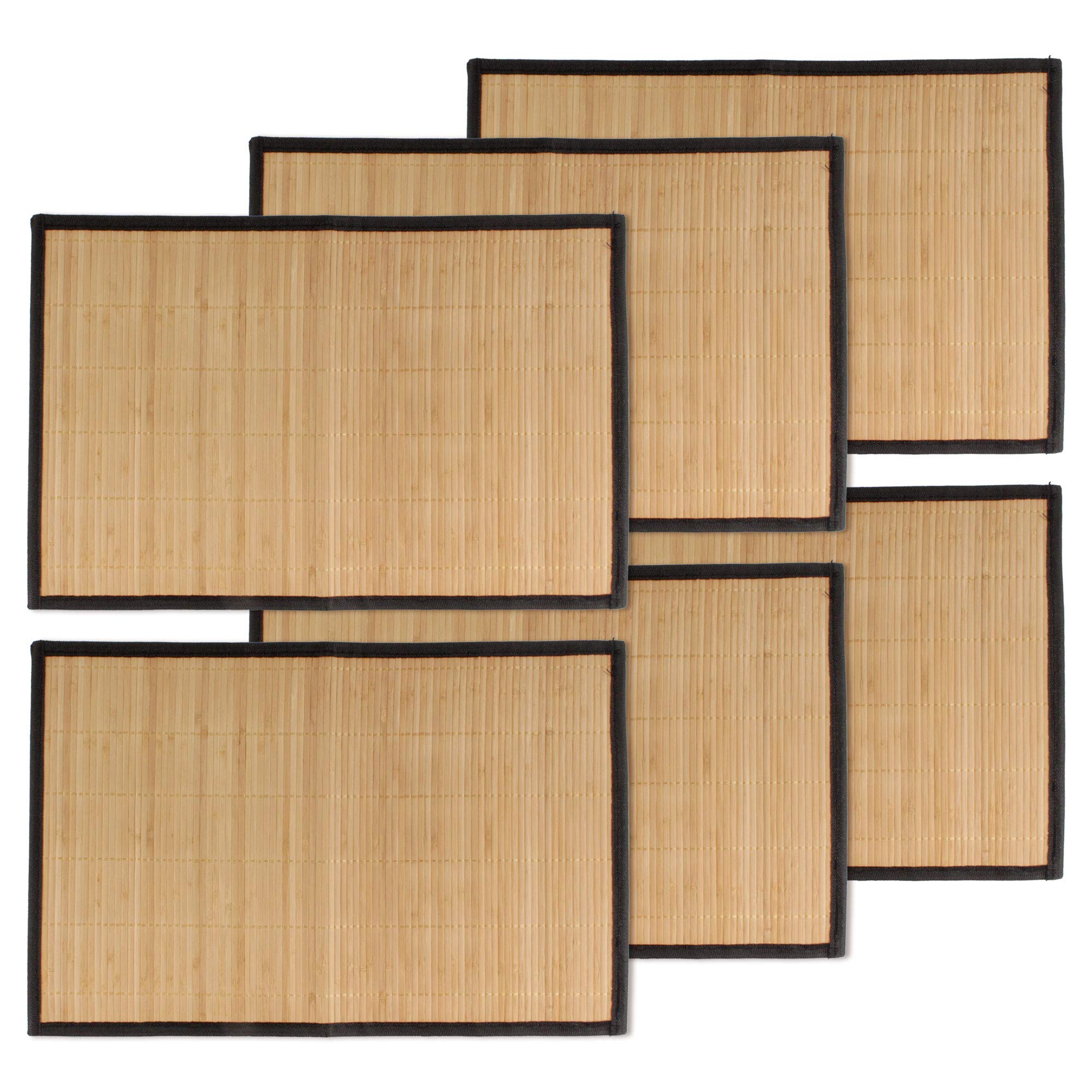 BambooMN Bamboo Slats Placemat with Fabric Border - Solid Colour Print - 17.5" x 12" - Brown with Black Border, 6 pcs